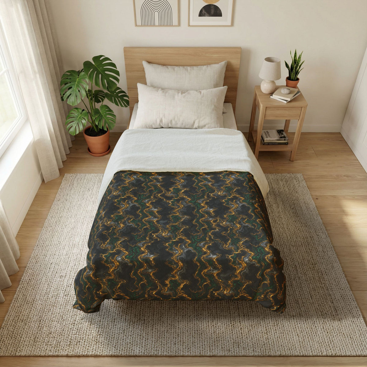 Molten Gold Marble Cotton Duvet Cover – Iridescent Fluid Pattern