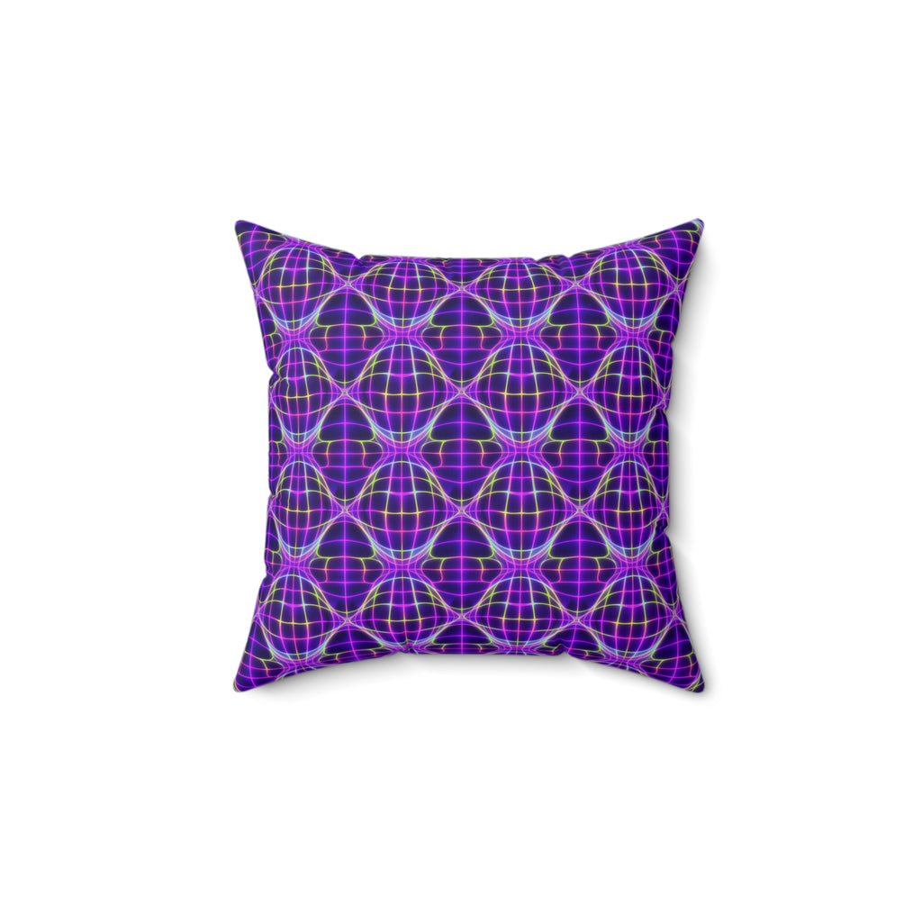 Neon Warp Grid Faux Suede Cushion – Op-Art Holographic-Look Pattern