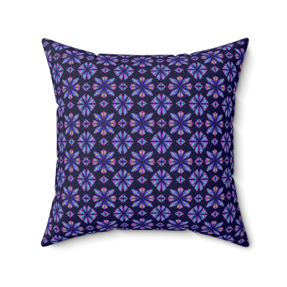 Crystal Bloom Kaleidoscope Faux Suede Cushion – Holographic-Look Geometric Pattern