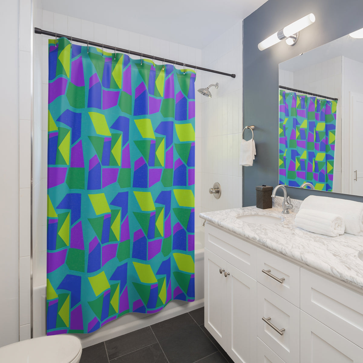Cubist Block Quilt Shower Curtain – Peacock Jewel