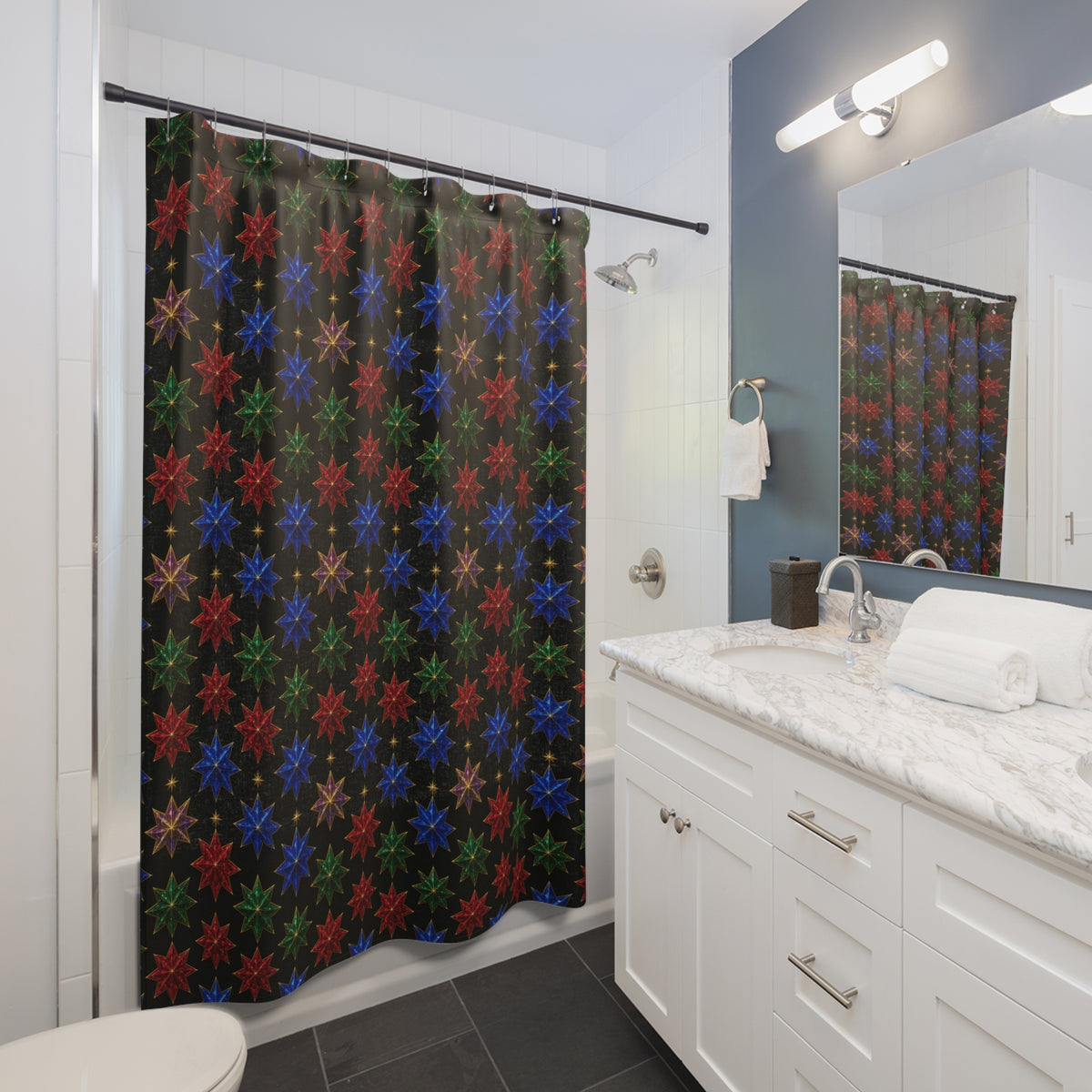 Faceted Crystal Stars Shower Curtain – Holographic-Look Kaleidoscope Pattern