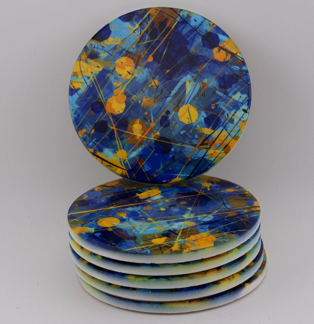 AI24010C Chaotic Blue & Yellow abstract effect Round Ceramic Coasters- Set of 6, gift for all occasions, six unique designs.
