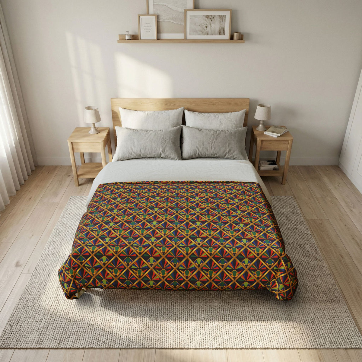 Gilded Lattice Sunburst Cotton Duvet Cover – Art Deco Geometric Pattern