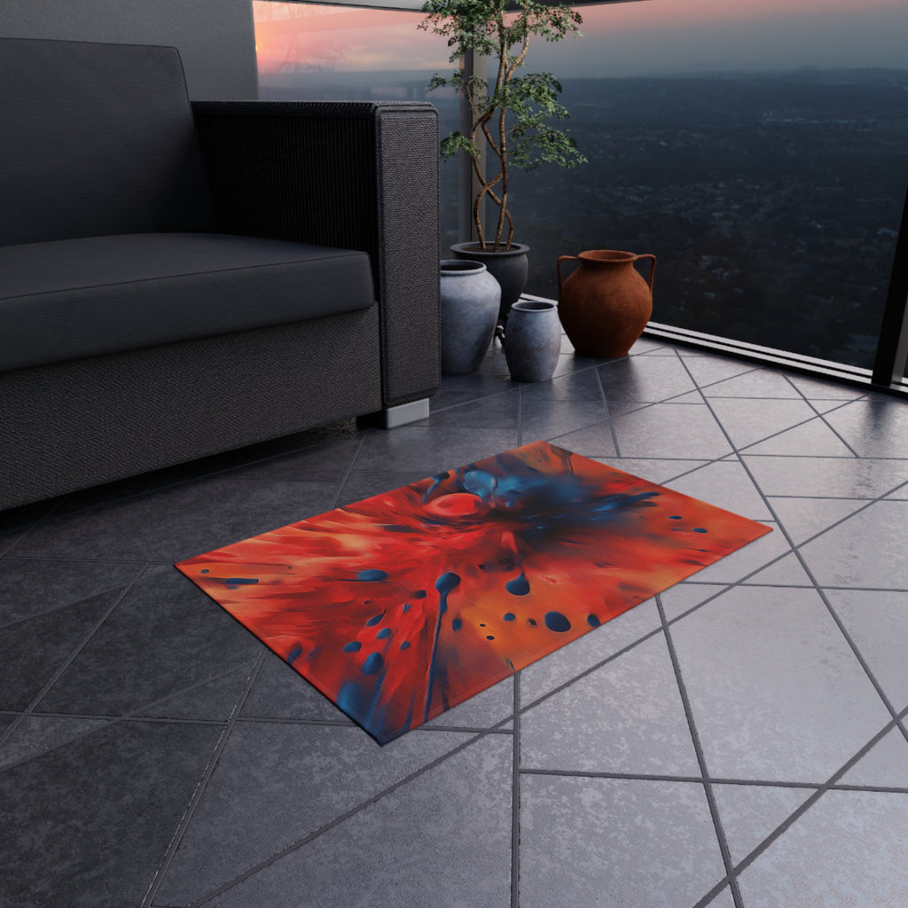 Scarlet Blue Blast Outdoor Rug – Abstract Explosion Art