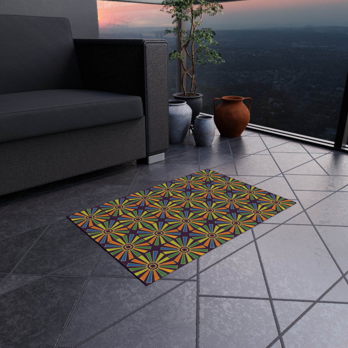 Sunray Medallion Grid Outdoor Rug – Art Deco Geometric Pattern