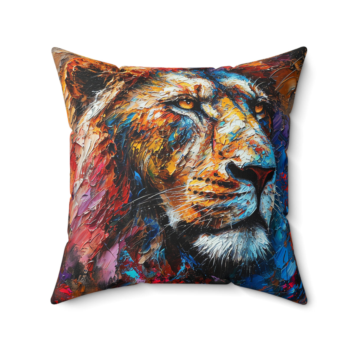 Rainbow Lion Faux Suede Cushion – Expressive Painterly Art