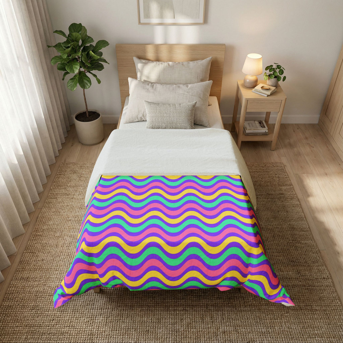 Wide Wave Interference Cotton Duvet Cover – Candy Pastel on Grape