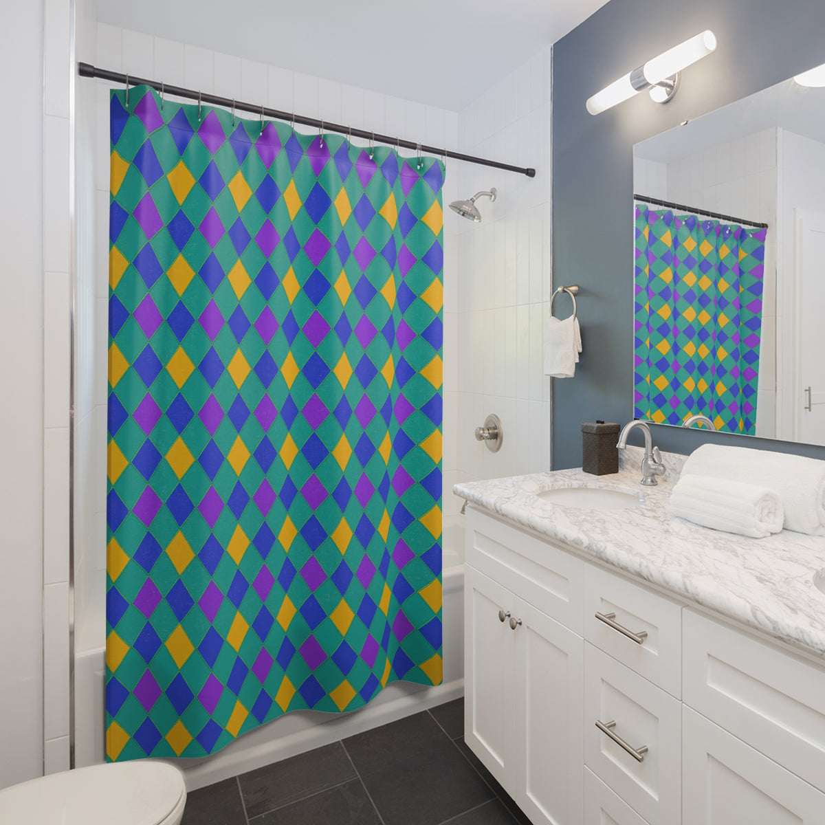 Jewel Harlequin Check Shower Curtain – Peacock Jewel