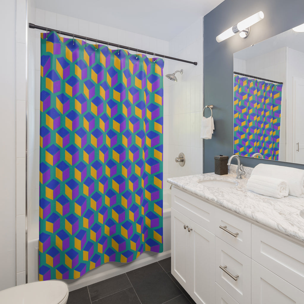 Giant Faceted Cubes II Shower Curtain – Peacock Jewel