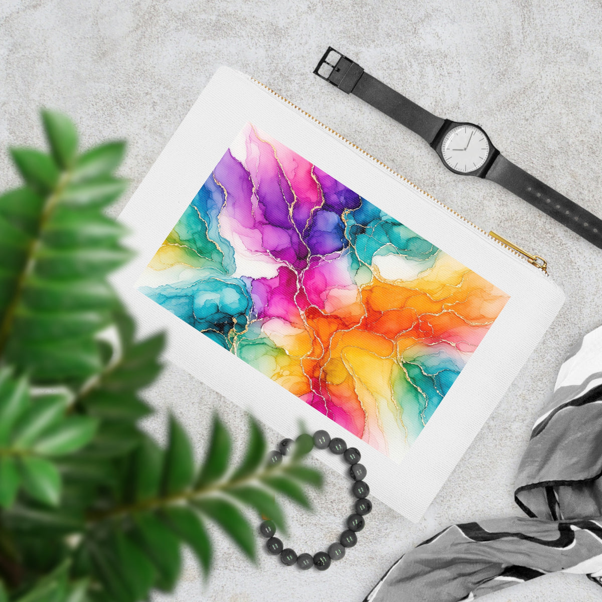 Rainbow Alcohol Ink Bloom Canvas Cosmetic Bag