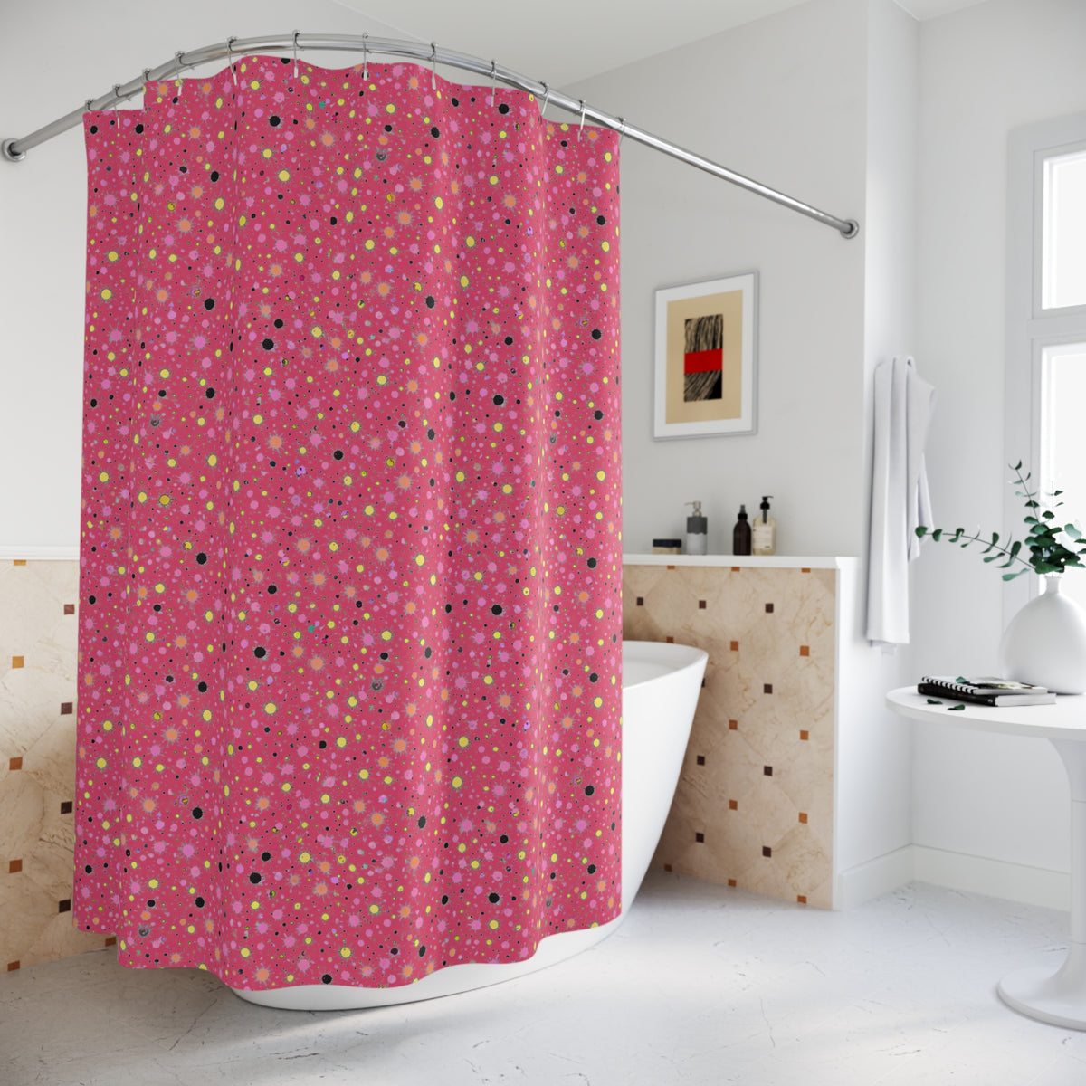 Confetti Spatter Shower Curtain – Candy Pop on Raspberry