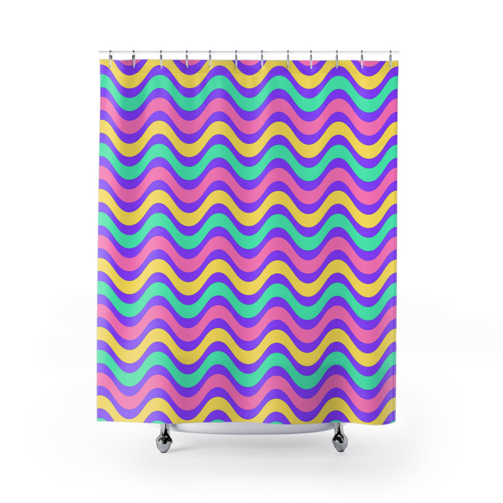 Wide Wave Interference Shower Curtain – Candy Pastel on Grape