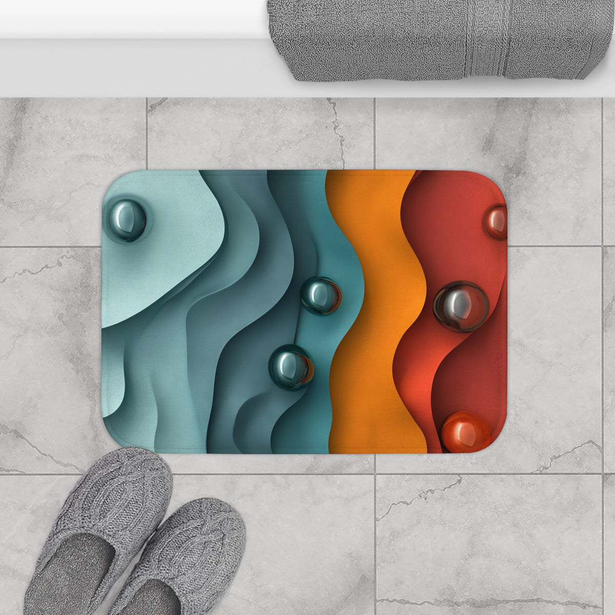 Teal Coral Waves Bath Mat – Sculpted Wave Abstract