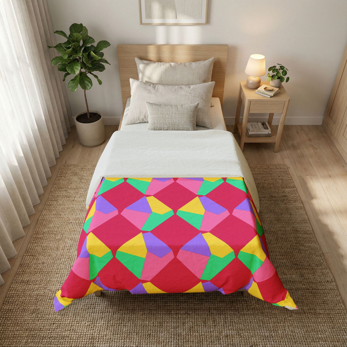 Grand Fractured Rhombus Cotton Duvet Cover – Candy Pop on Raspberry