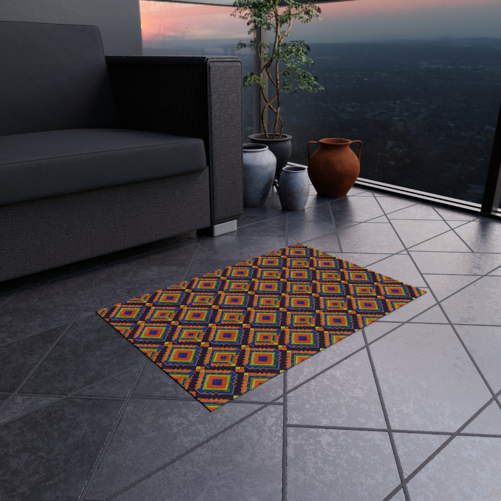 Stepped Diamond Ikat Outdoor Rug – Art Deco Geometric Pattern