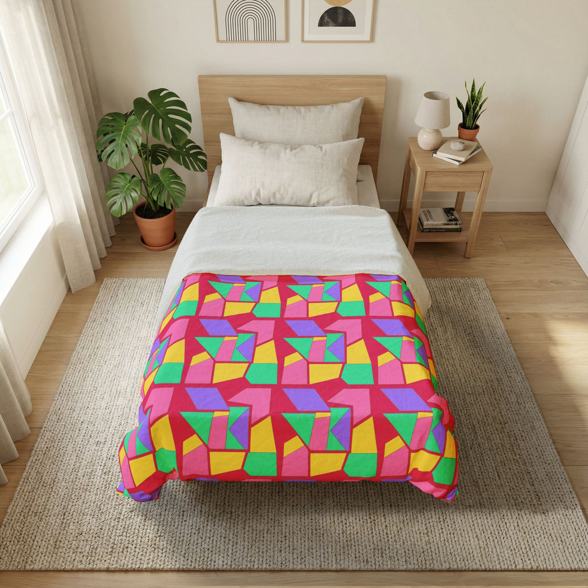 Cubist Block Quilt Cotton Duvet Cover – Candy Pop on Raspberry