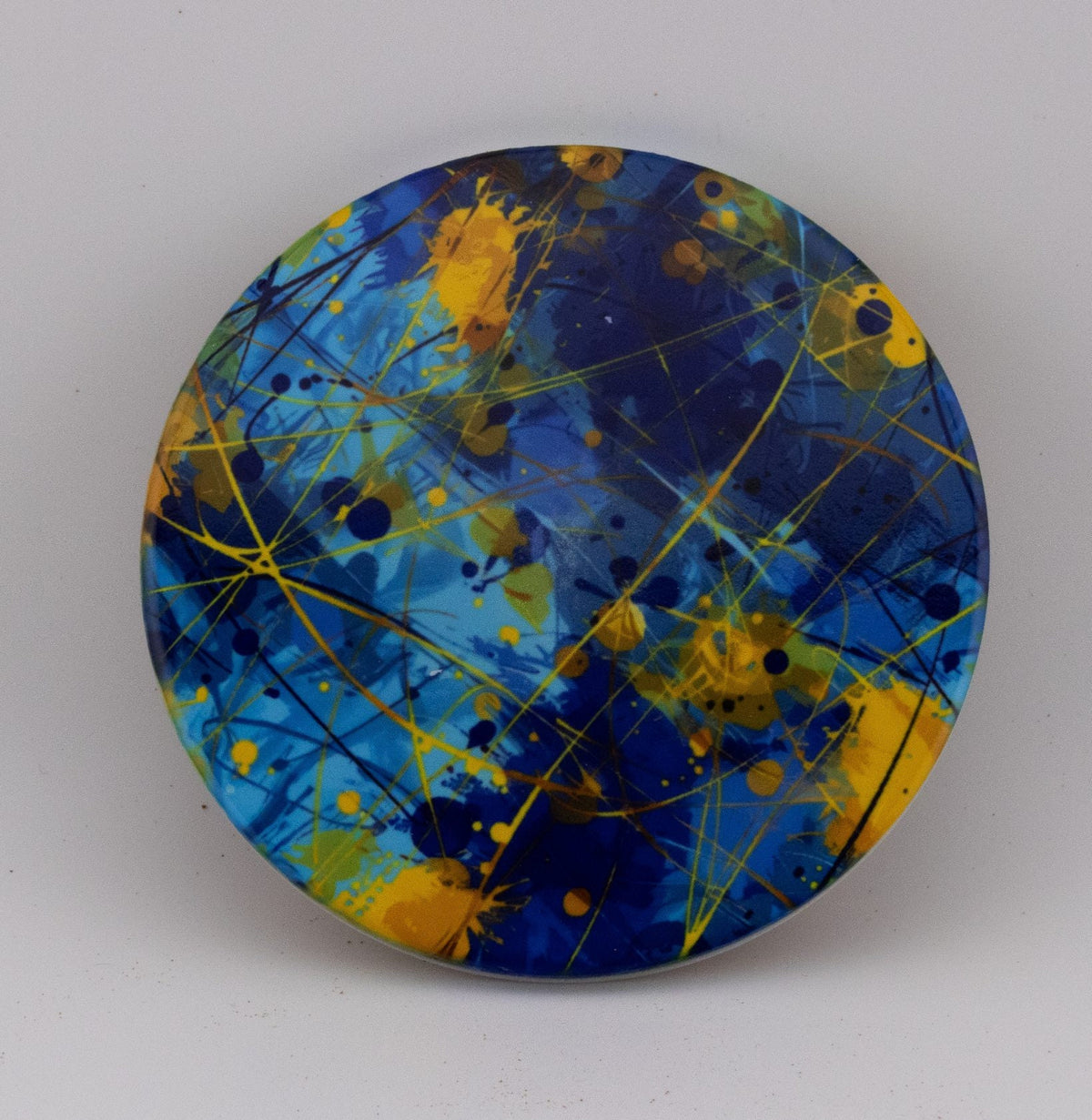 AI24010C Chaotic Blue & Yellow abstract effect Round Ceramic Coasters- Set of 6, gift for all occasions, six unique designs.