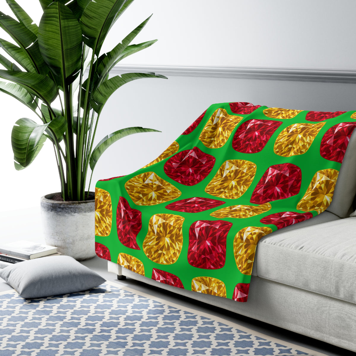 Giant Cut Gem Grid Sherpa Fleece Blanket – Faceted Gem Geometric Pattern