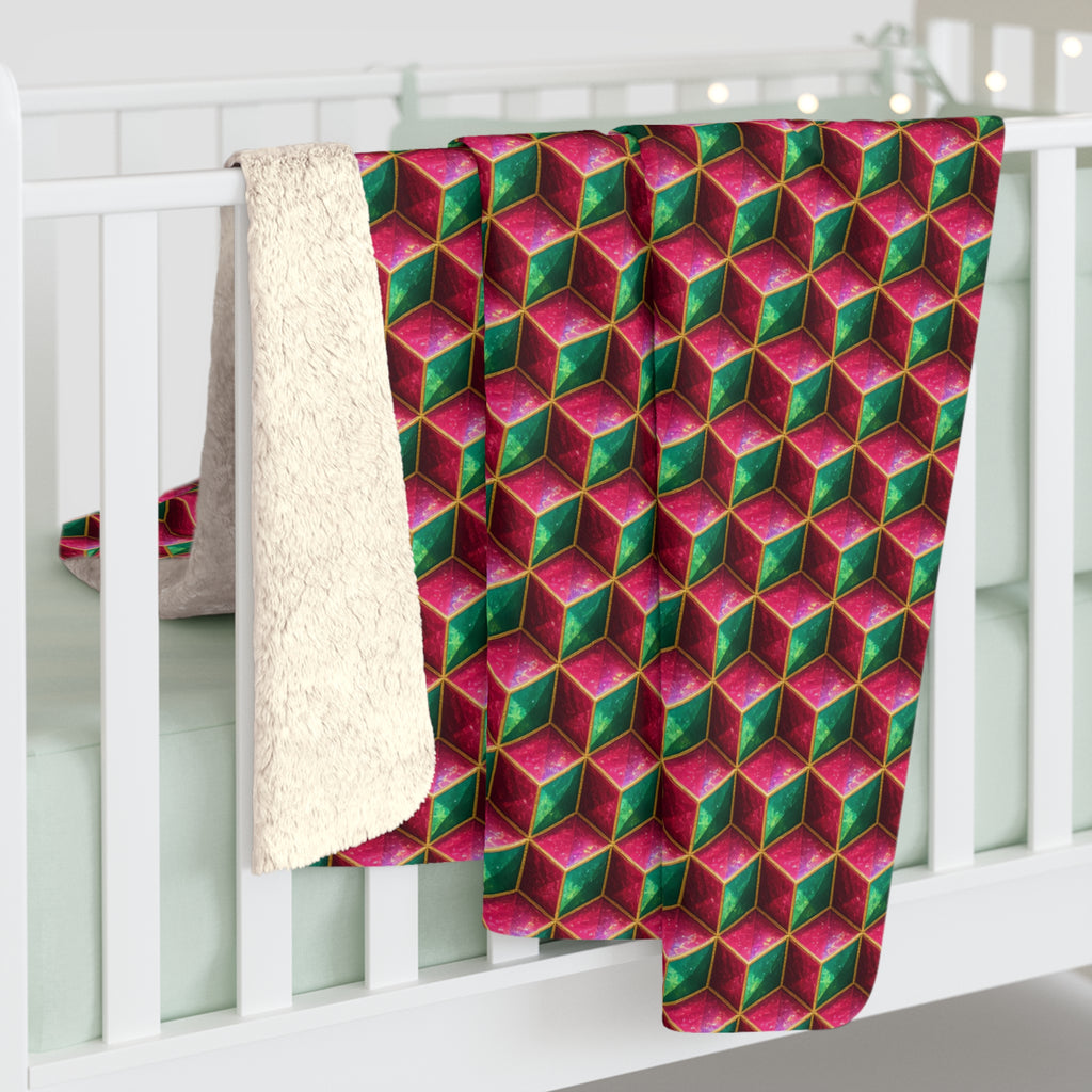 Faceted Cube Illusion Sherpa Fleece Blanket – Holographic-Look Geometric Pattern