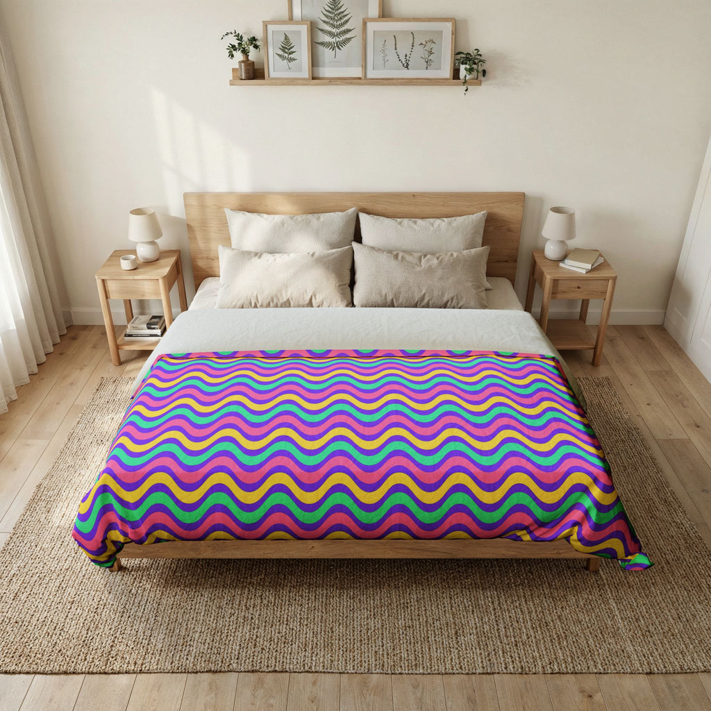 Wide Wave Interference Cotton Duvet Cover – Candy Pastel on Grape