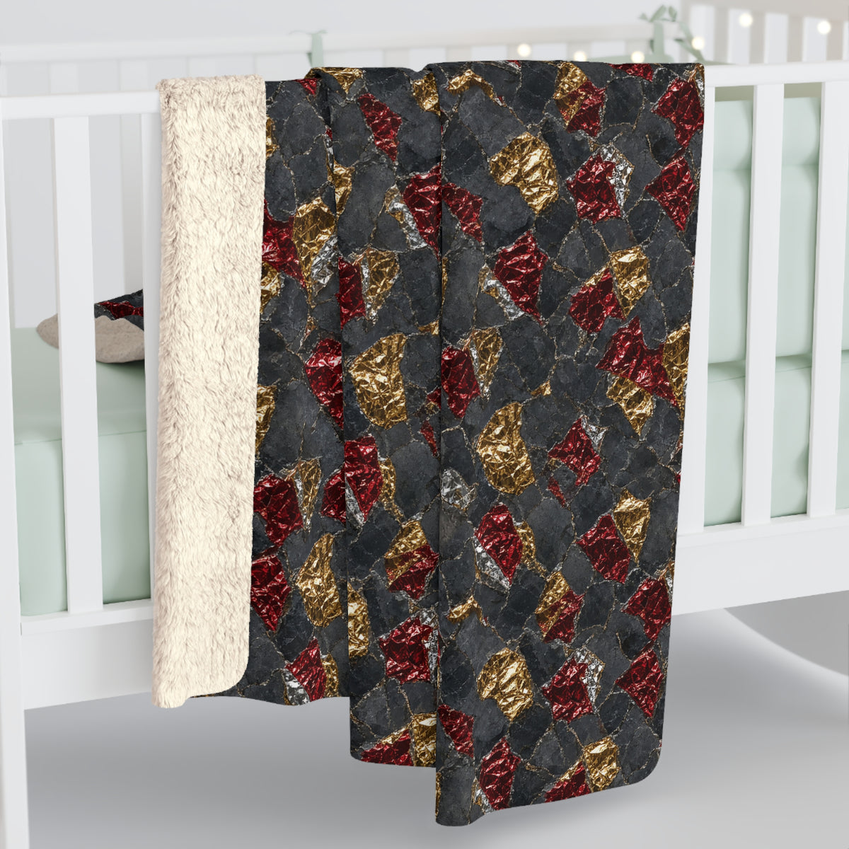 Garnet Gold Foil Sherpa Fleece Blanket – Holographic-Look Metal Pattern