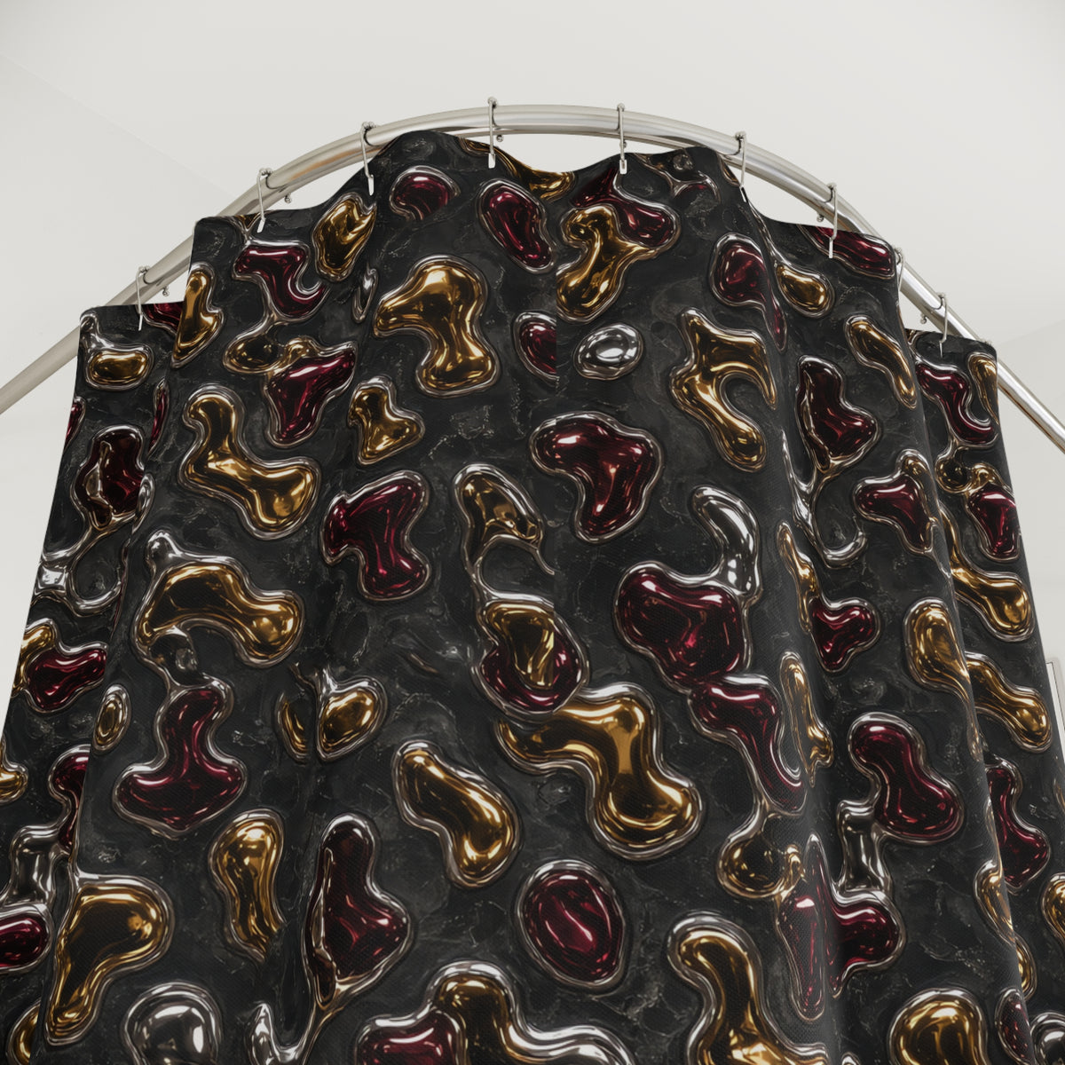 Merging Gold Puddles Shower Curtain – Liquid Chrome Pattern