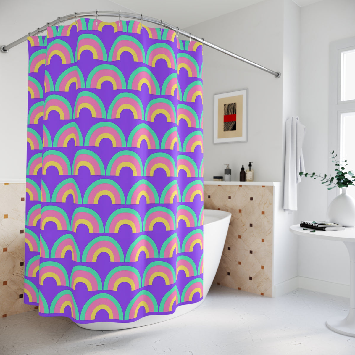 Chromatic Scallop Ripple Shower Curtain – Candy Pastel on Grape