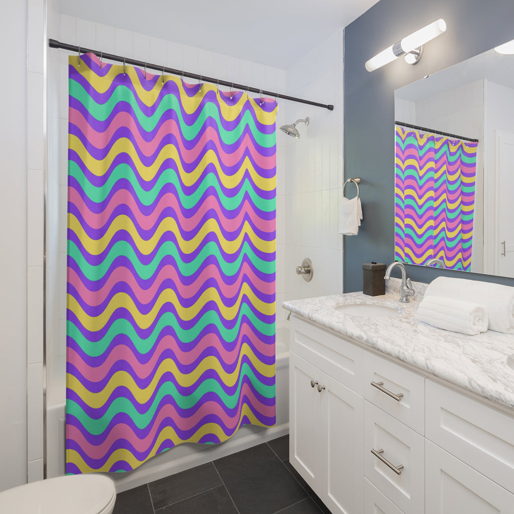 Wide Wave Interference Shower Curtain – Candy Pastel on Grape
