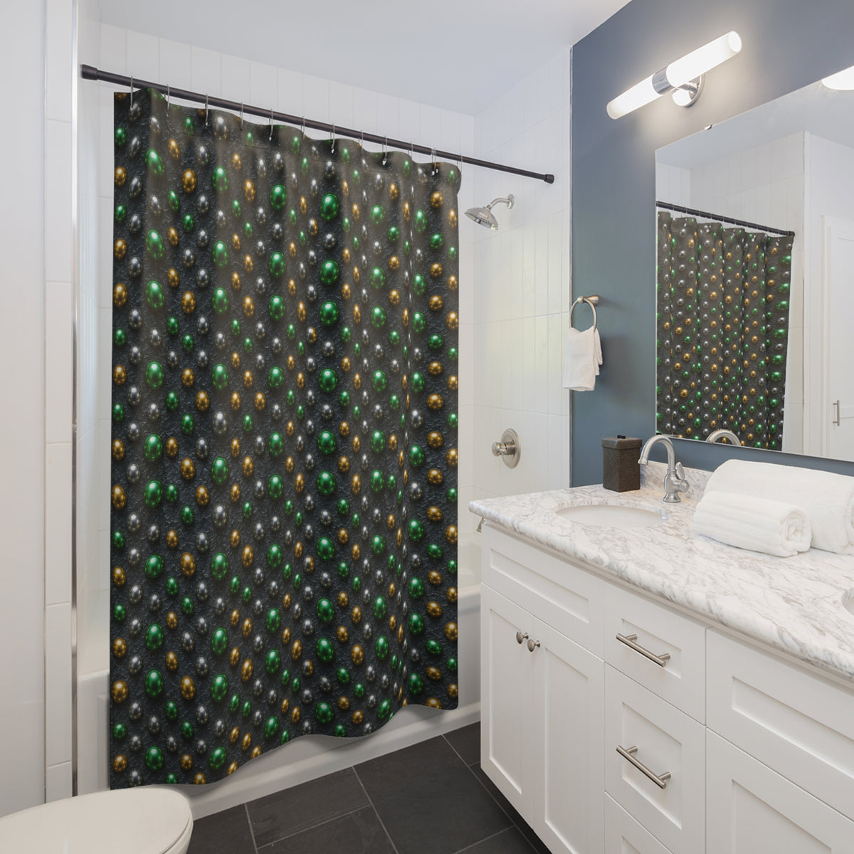 Emerald Silver Beads Shower Curtain – Liquid Chrome Pattern