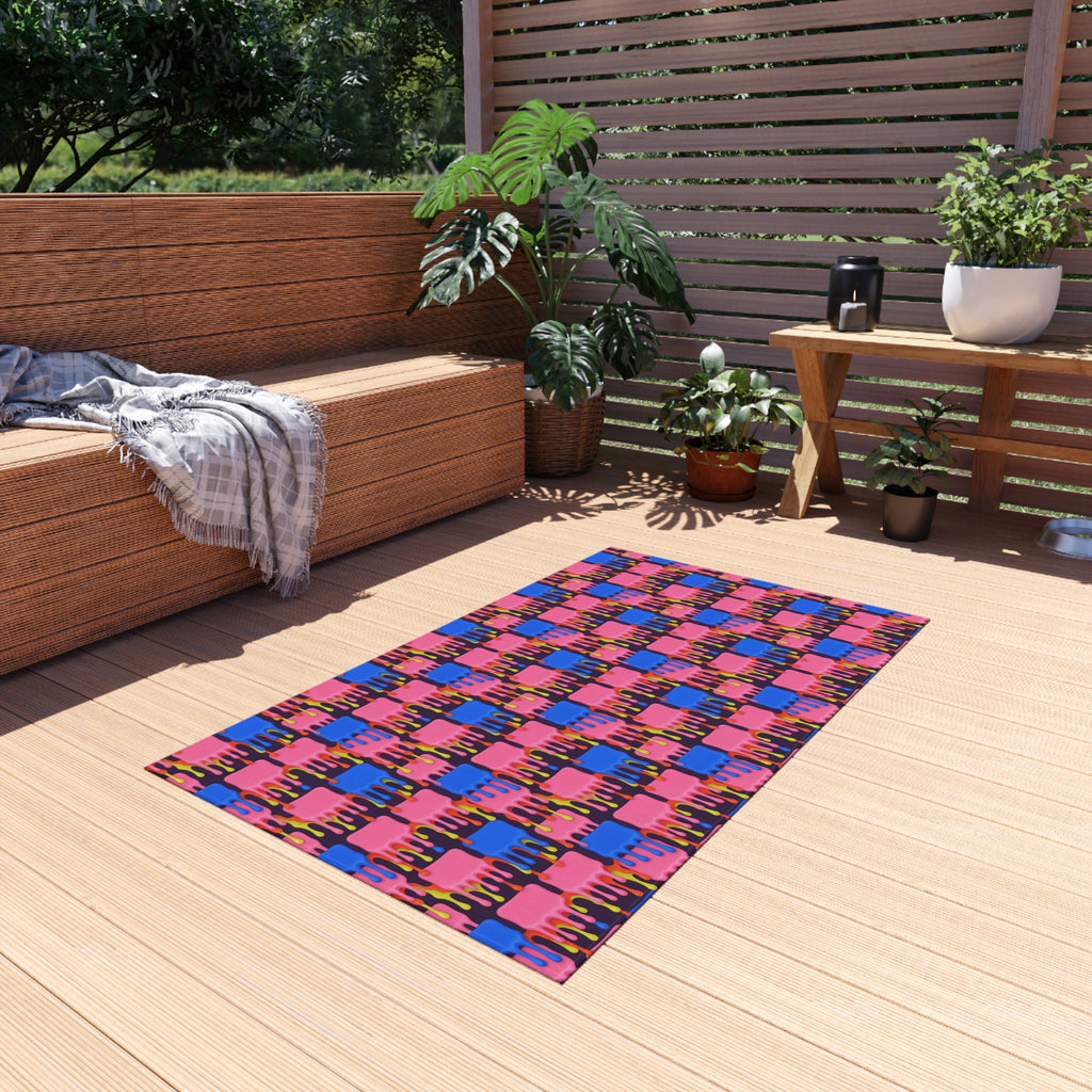 Melting Checkerboard Outdoor Rug – Psychedelic Op-Art Pattern