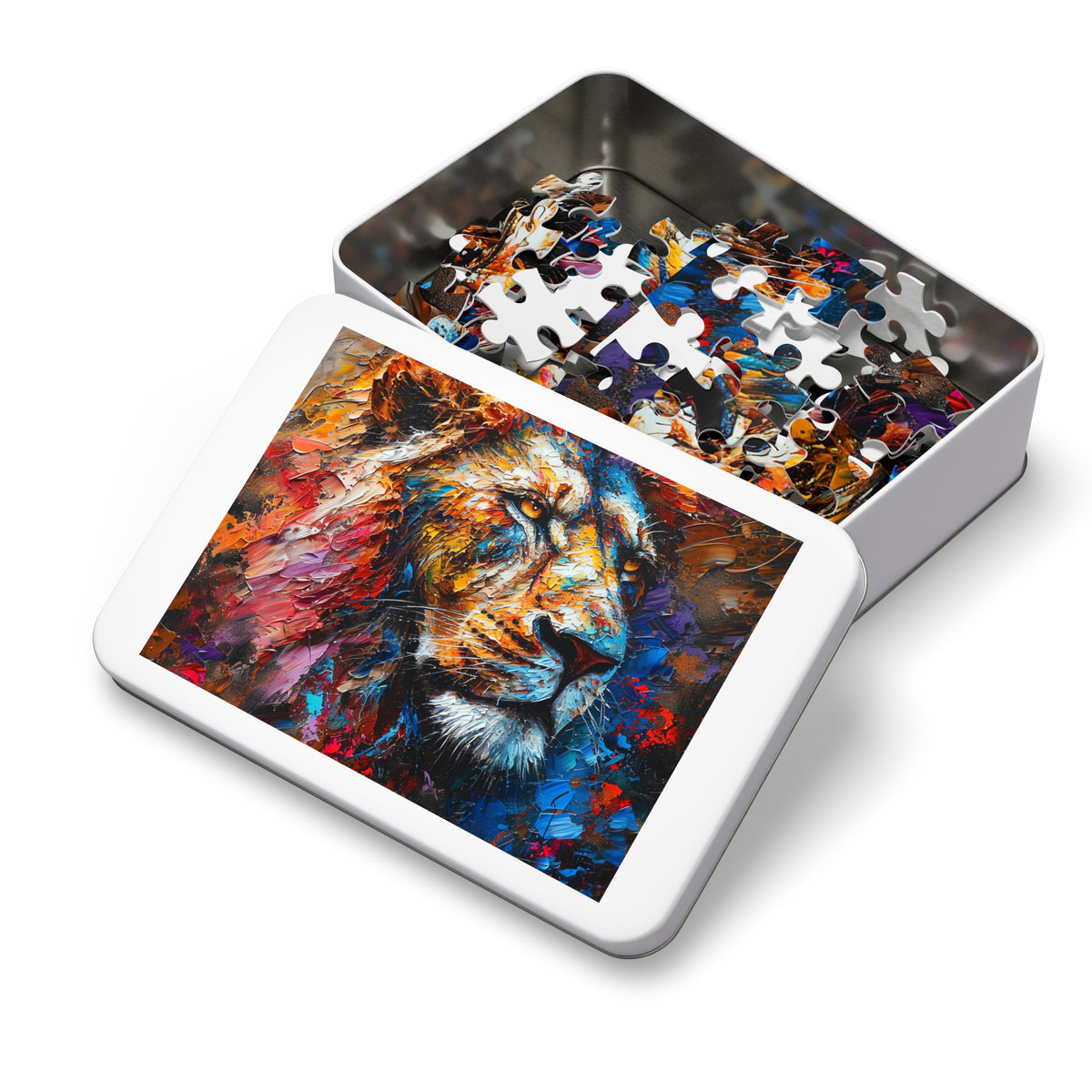 Rainbow Lion Jigsaw Puzzle with Tin – Expressive Painterly Art