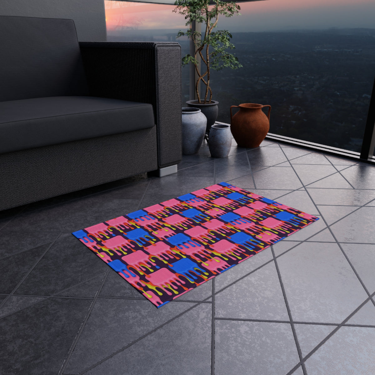 Melting Checkerboard Outdoor Rug – Psychedelic Op-Art Pattern