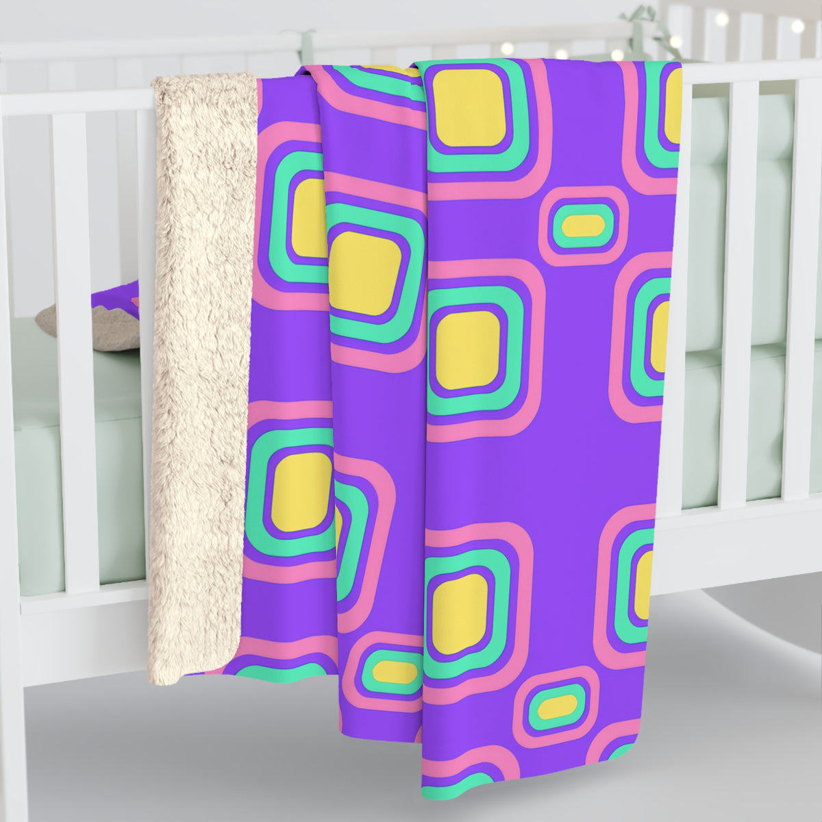 Big Ripple Squares Sherpa Fleece Blanket – Candy Pastel on Grape