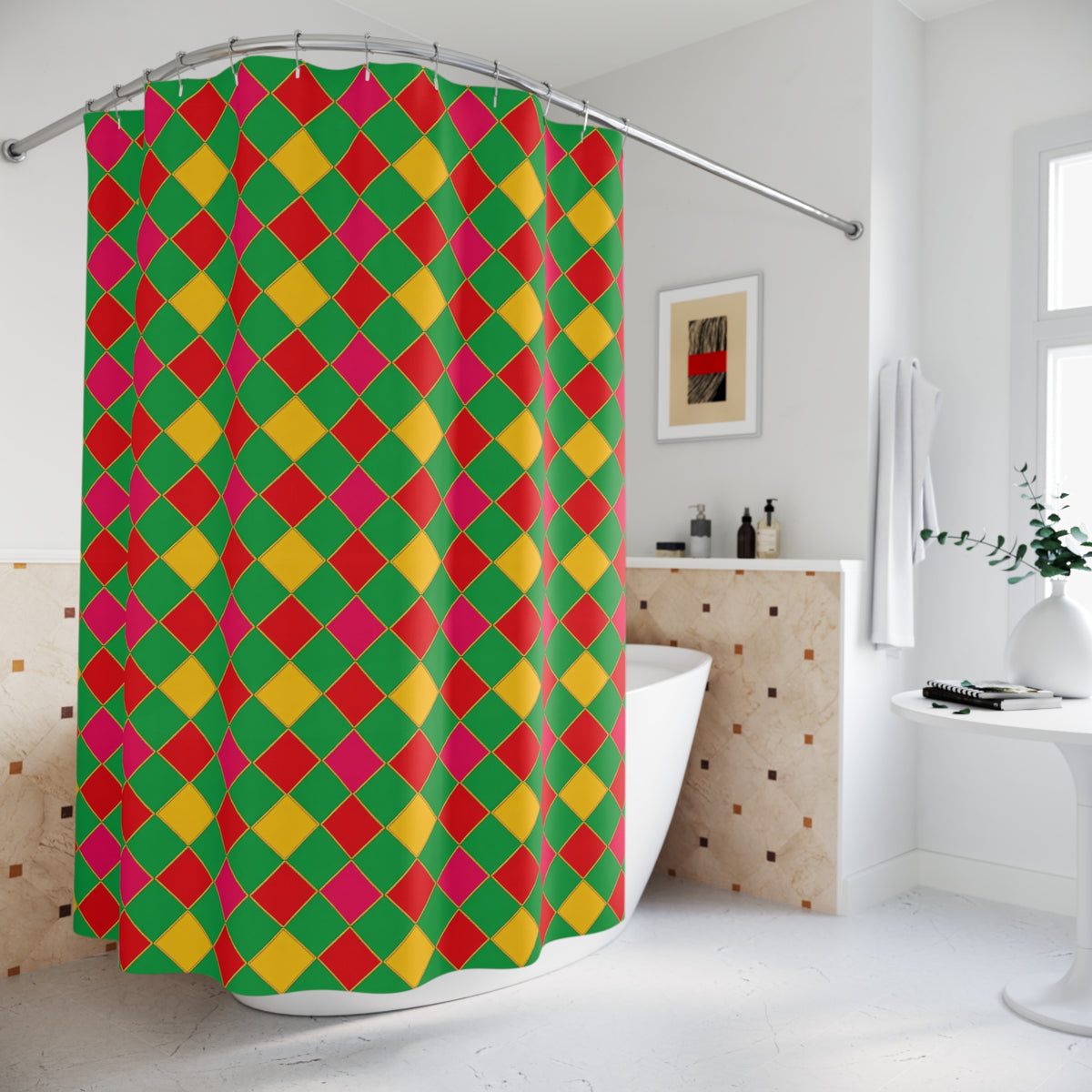 Jewel Harlequin Check Shower Curtain – Harlequin Geometric Pattern