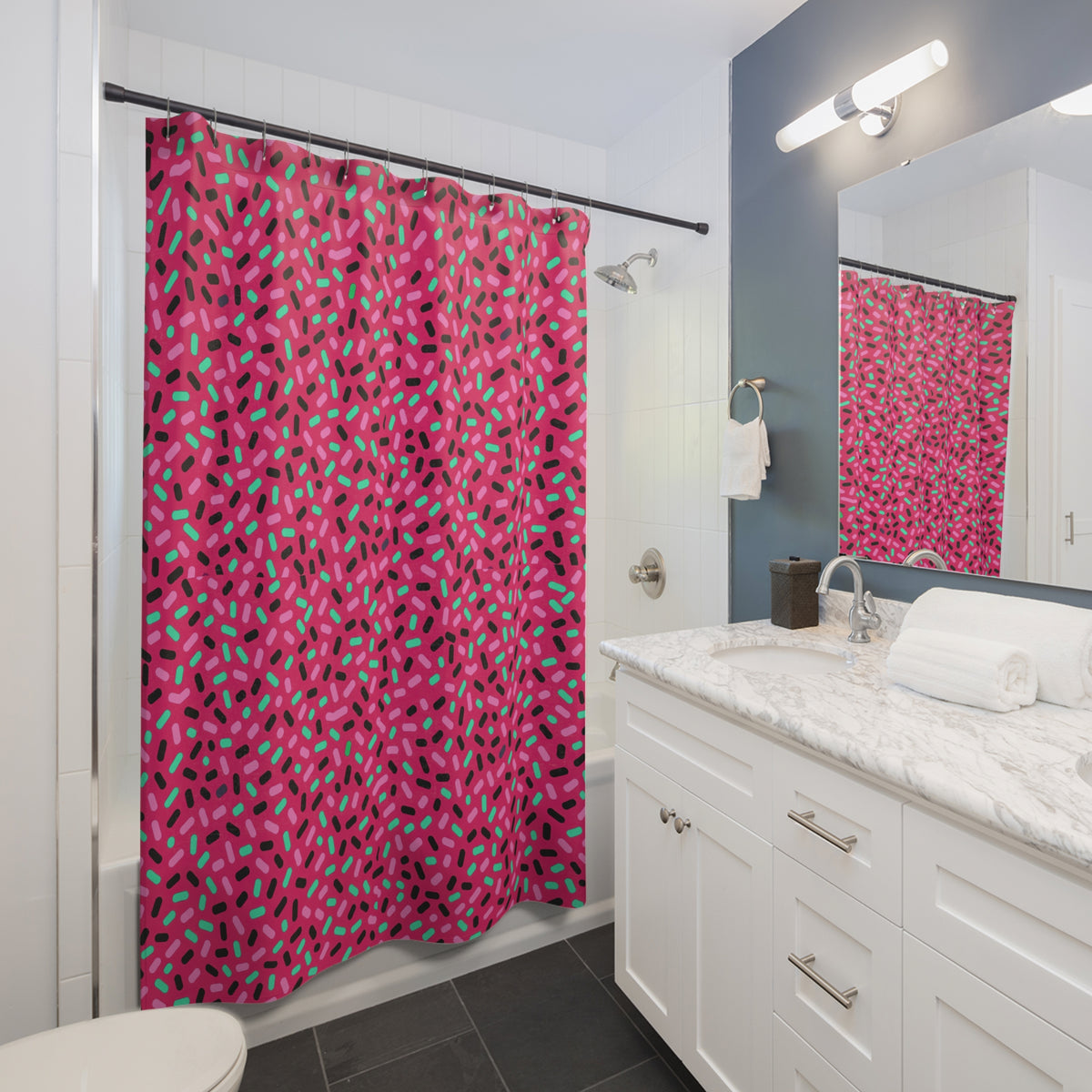 Sprinkle Pop Shower Curtain – Candy Pop on Raspberry