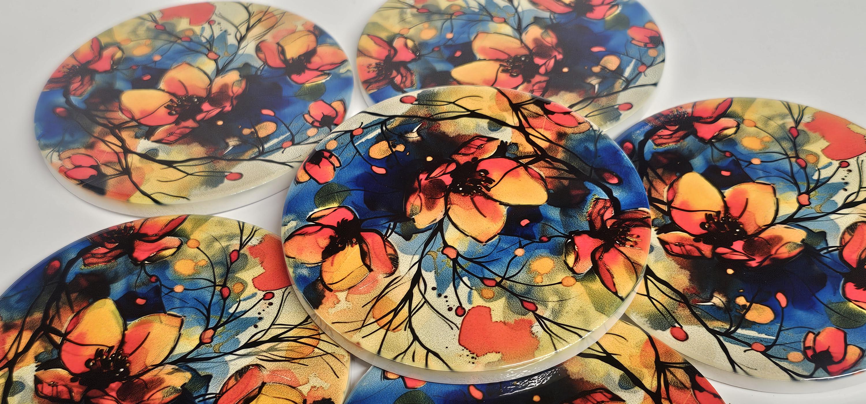 AI24053C Watercolour WildFlower Meadow -  Round Ceramic Coasters- Set of 6, gift for all occasions, Designed and made in Britain