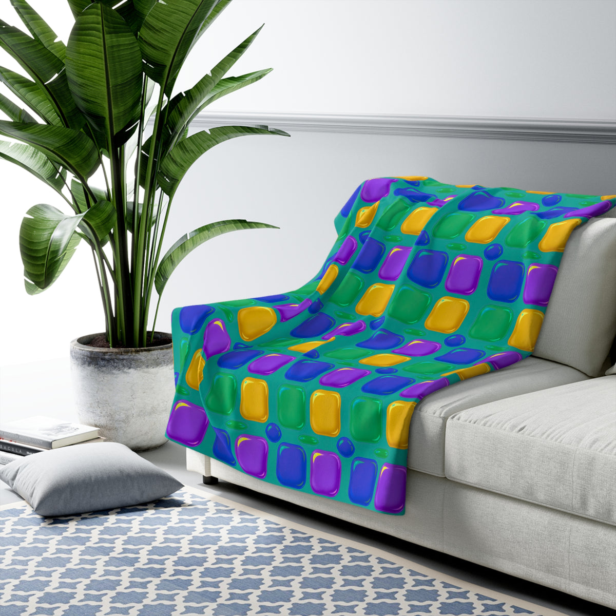 Giant Puffy Glass Cushions Sherpa Fleece Blanket – Peacock Jewel