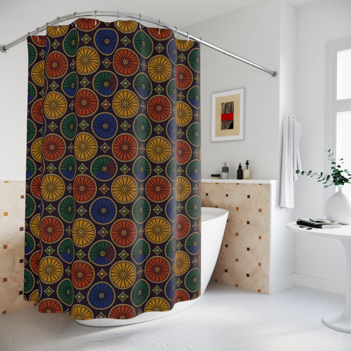 Enamel Parasol Medallions Shower Curtain – Art Deco Geometric Pattern
