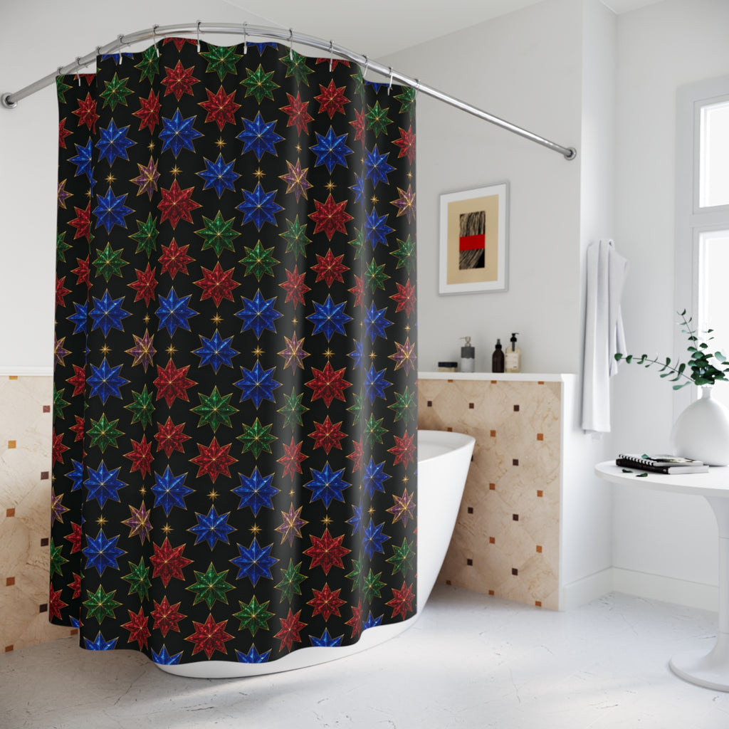 Faceted Crystal Stars Shower Curtain – Holographic-Look Kaleidoscope Pattern