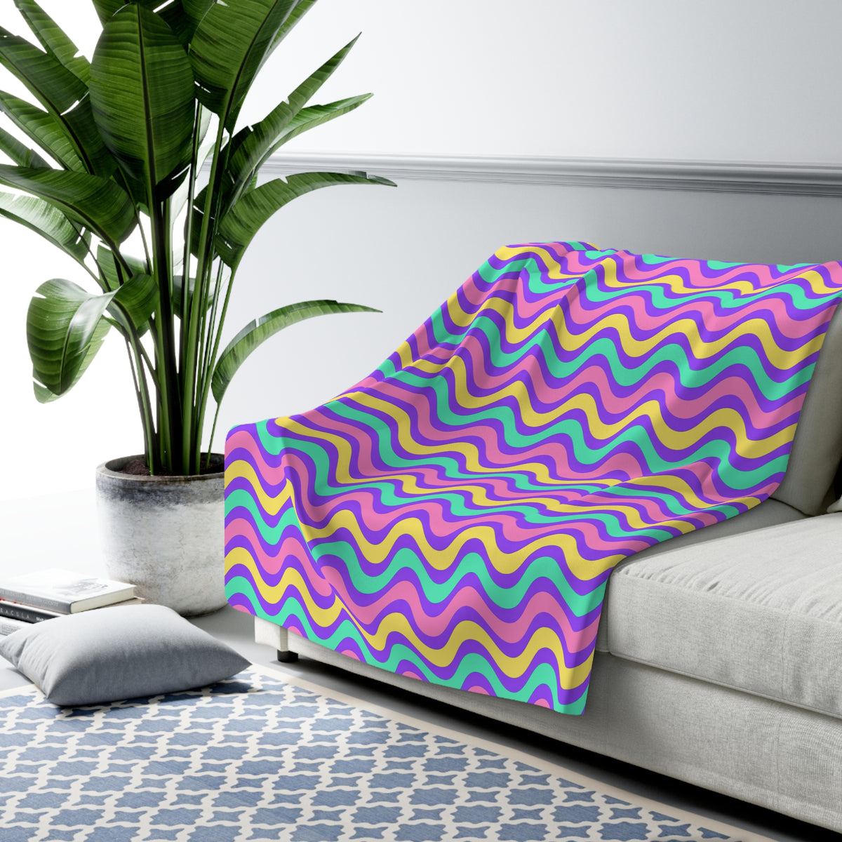 Wide Wave Interference Sherpa Fleece Blanket – Candy Pastel on Grape