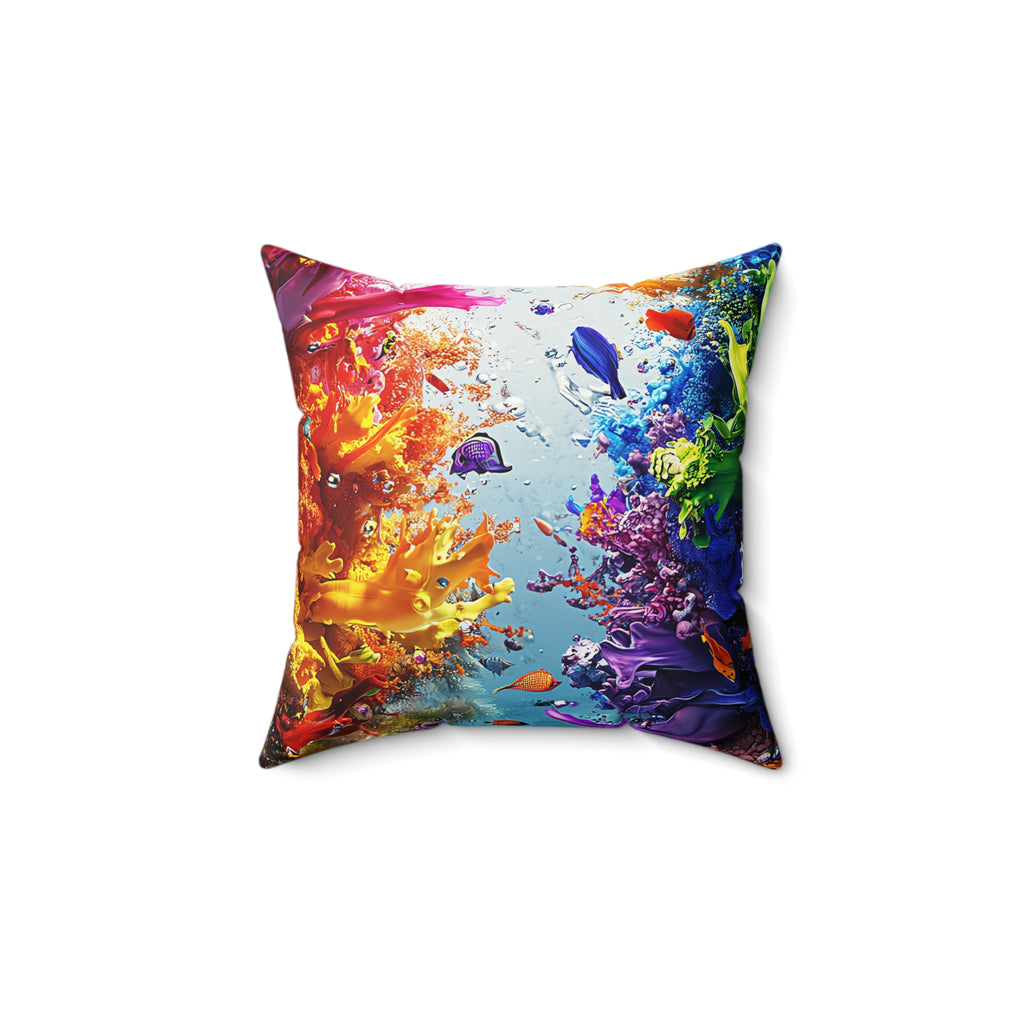 Rainbow Reef Bloom Faux Suede Cushion – Underwater Splash Art