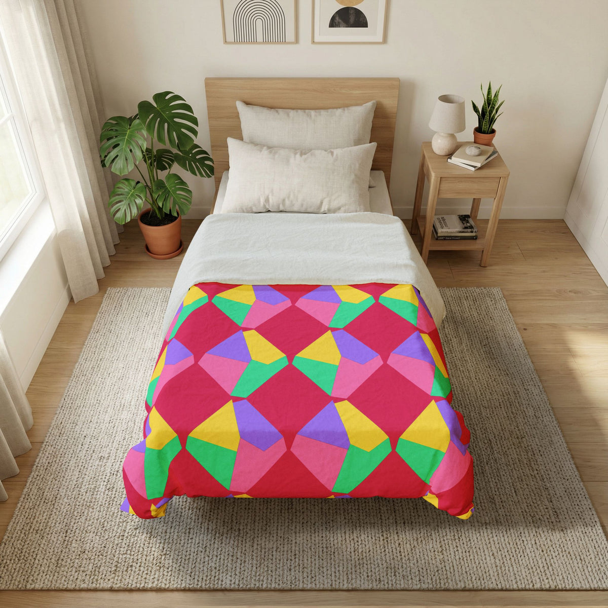 Grand Fractured Rhombus Cotton Duvet Cover – Candy Pop on Raspberry