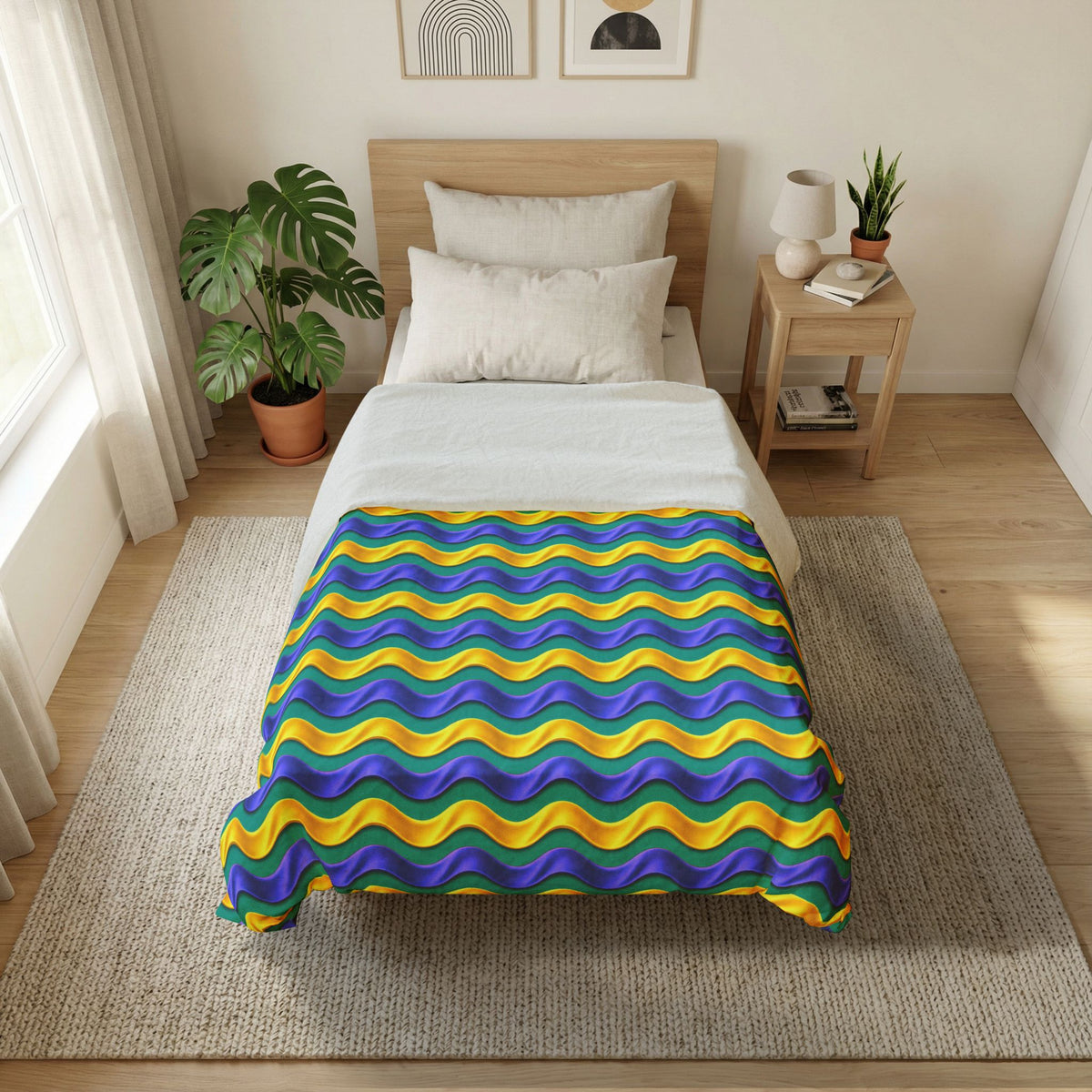 Satin Wave Bands Cotton Duvet Cover – Peacock Jewel