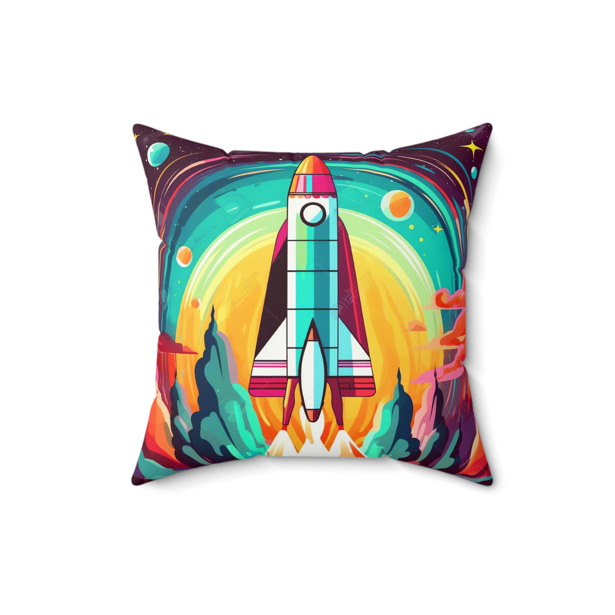 Retro Rocket Launch Faux Suede Cushion – Retro Space Art
