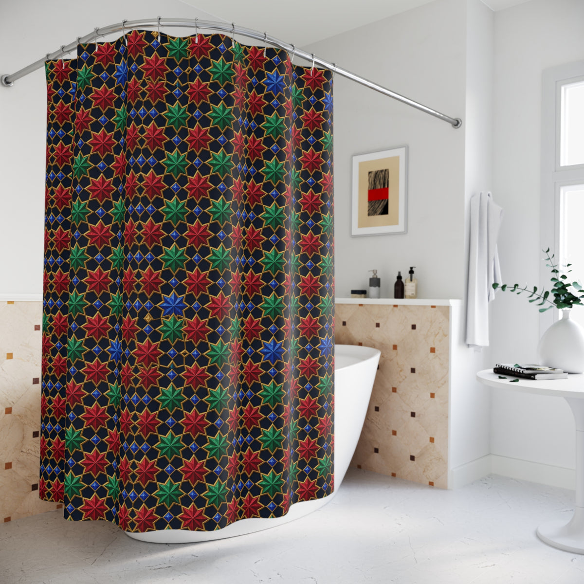 Interlocking Jewel Stars Shower Curtain – Geometric Pattern