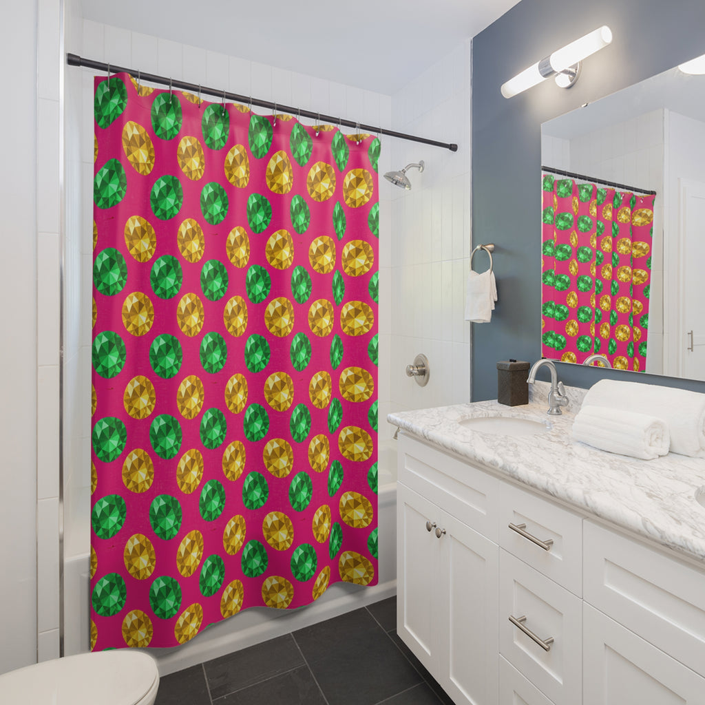 Half-Drop Gem Grid Shower Curtain – Faceted Gem Geometric Pattern