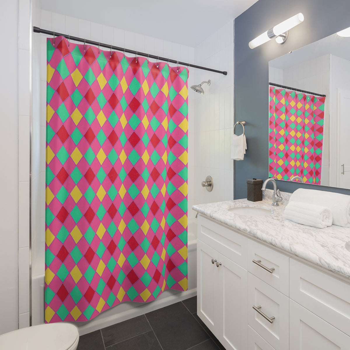 Jewel Harlequin Check Shower Curtain – Candy Christmas