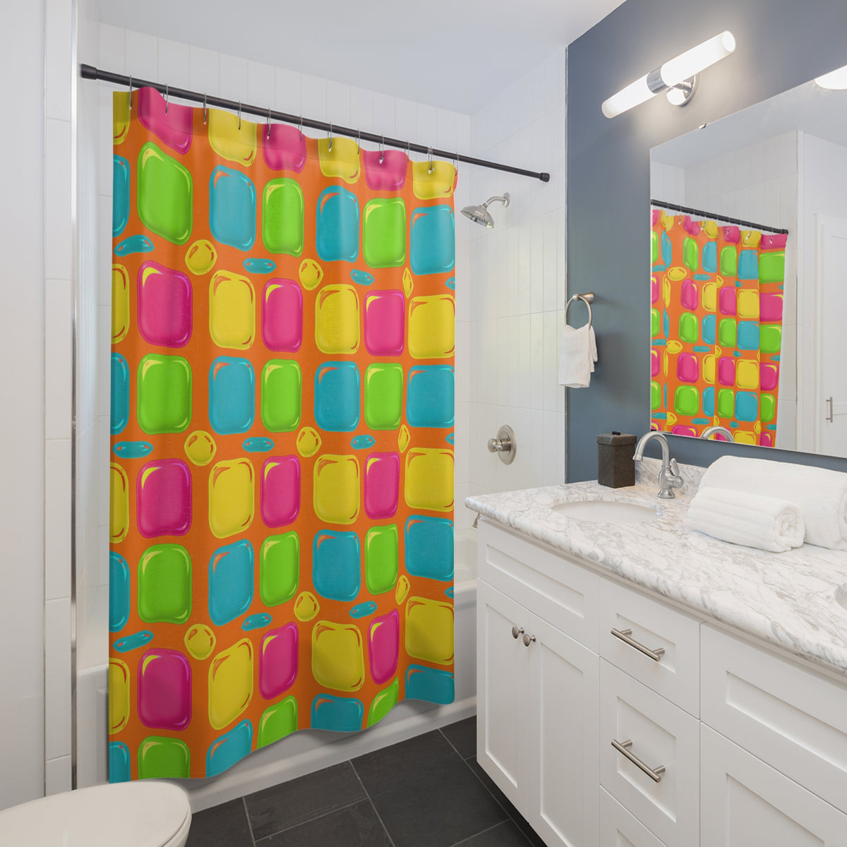 Giant Puffy Glass Cushions Shower Curtain – Hot Citrus Festive
