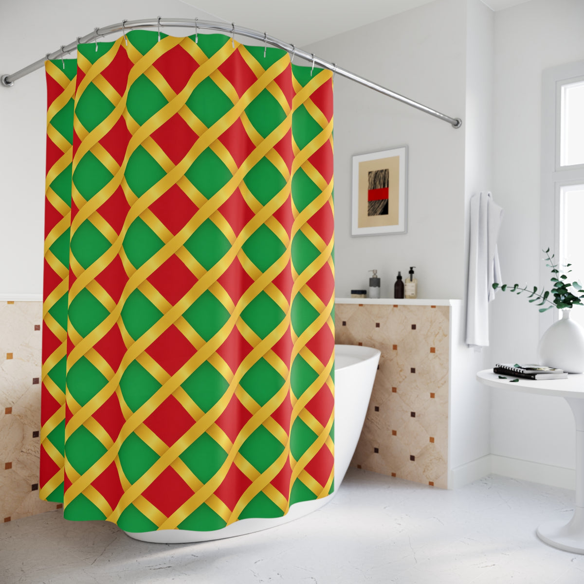 Broad Gold Diamond Trellis Shower Curtain – Ribbon Lattice Pattern