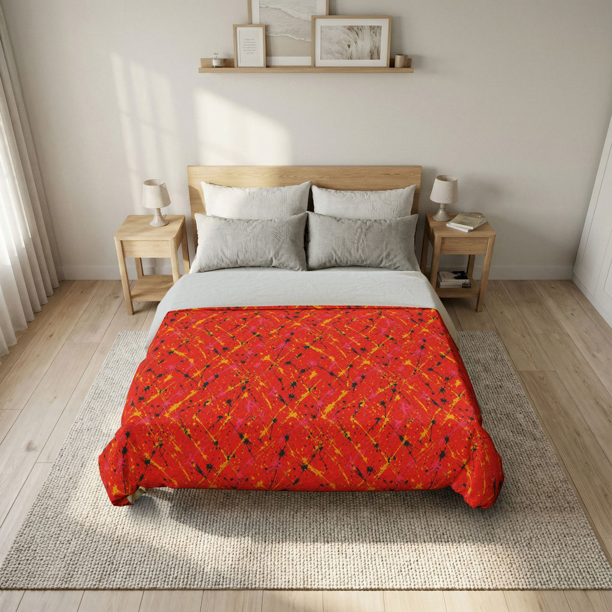 Vermilion Riot Cotton Duvet Cover – Action-Painting Abstract Pattern